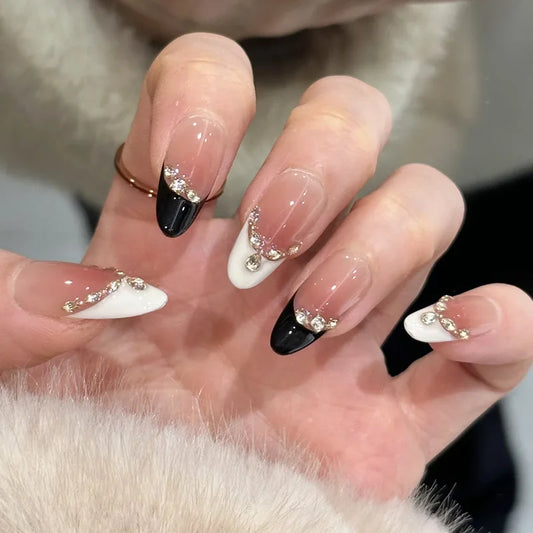 24pcs Shiny Diamond False Nails Tips Wearable Black White French Press on Nails Round Almond Fake Nail Simple Acrylic Manicure