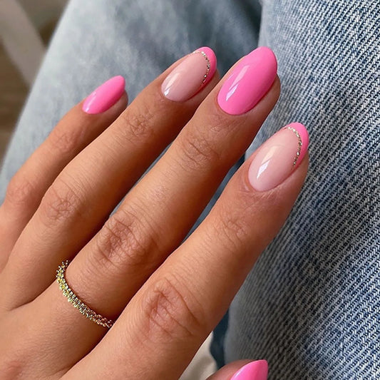 24pcs French Pink Fake Nails Press on Round Head Almond Nails Tips with Gold Powder Lines Design False Nail Simple Manicure Sets