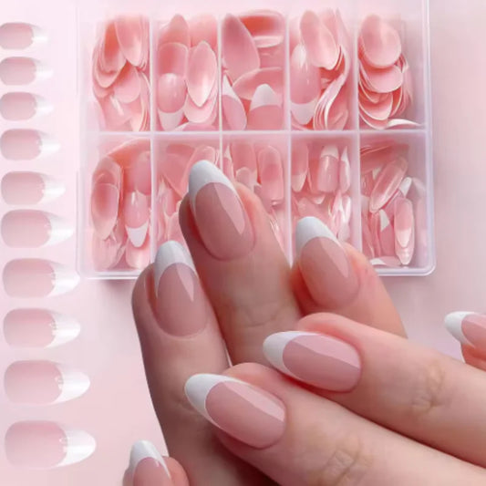 Almond Shape French Fake Nails Light Pink Full Cover Press On Nails White Edge Design Simple False Fingertips