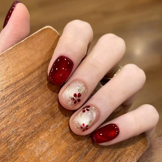 24pcs Press on Nails Cat's Eye Red Full Cover Nail Tips Gilded Short Square Fake Nails Art with Flower Design False Nail Sets