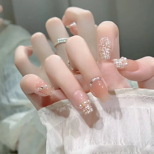 24pcs Cute Nails Sets Press on Light Luxury Pearl Design Gradient Nude Color Short Ballet Nails Tips Wearable Coffin Fake Nail
