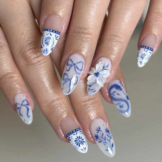 24Pcs Blue White French Design False Nails 3D Flower Bow Press on Fake Nails Full Cover Mid-length Almond Reusable Manicure Tips