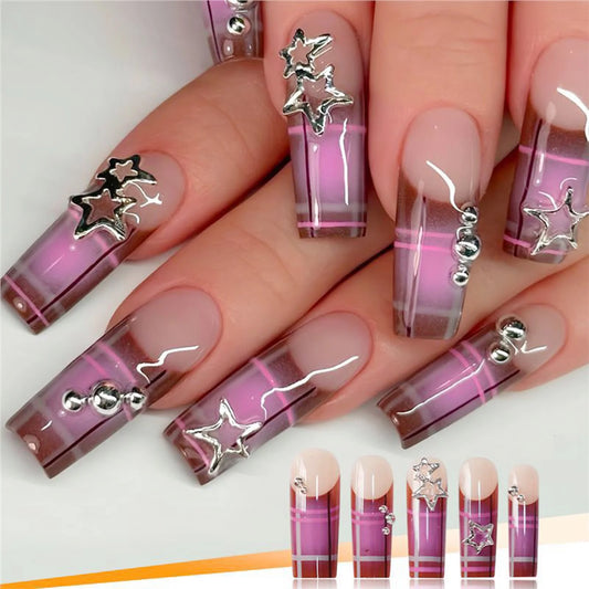 24Pcs Y2K Girls Long Coffin Press On Nails Purple Plaid Printed French Fake Nails Alloy Star Designs Charm Manicure for Women