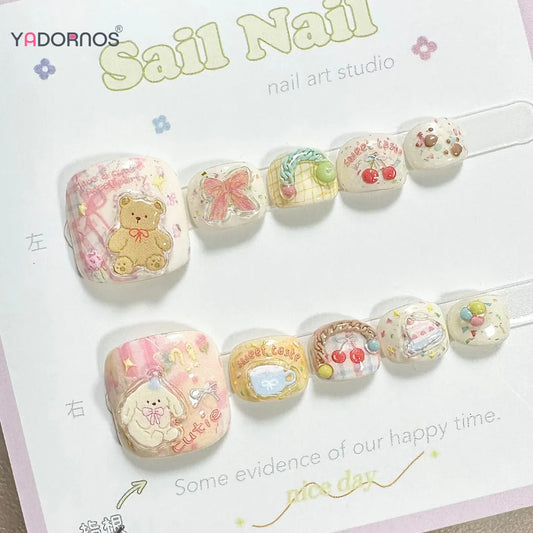 24pcs Sweet Cartoon False Toenails For Women Girls Cute Pet Tea Party Series Little Bear Press On Nail Square Shape Fake Toenail