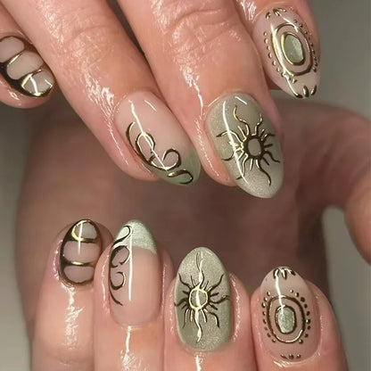 24Pcs Short Almond Fake Nails Butterfly Wings Nail Art with Glue Glitter Flower False Nails Acrylic Autumn Winter Press on Nail